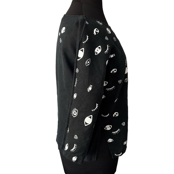 Jenny Lemons Black Eye Print Linen Box Cut Top size L - Picture 2 of 7